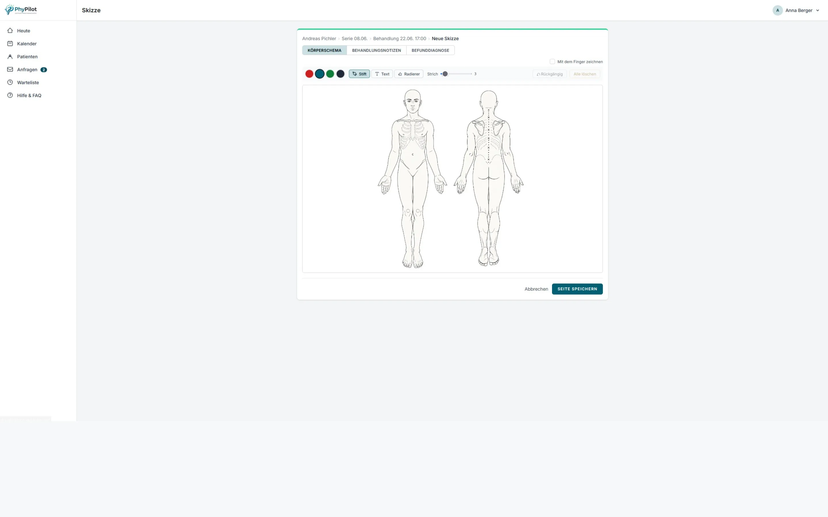 Befund-Sketcher am Körperschema in PhyPilot