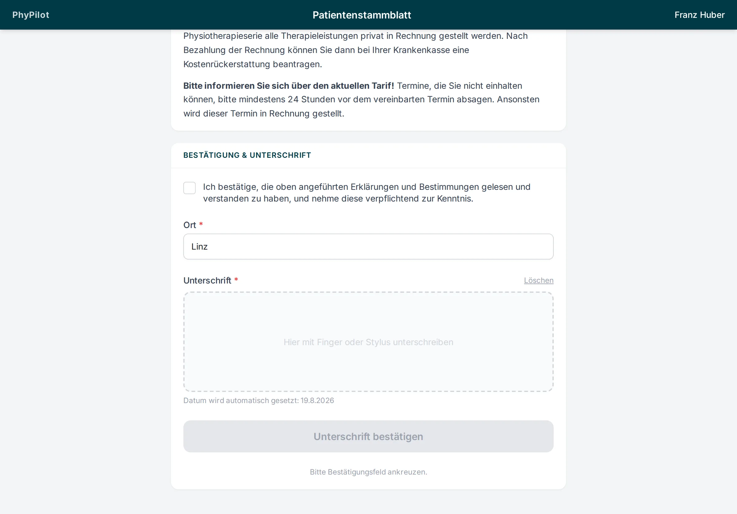 Stammblatt mit digitaler Unterschrift in PhyPilot