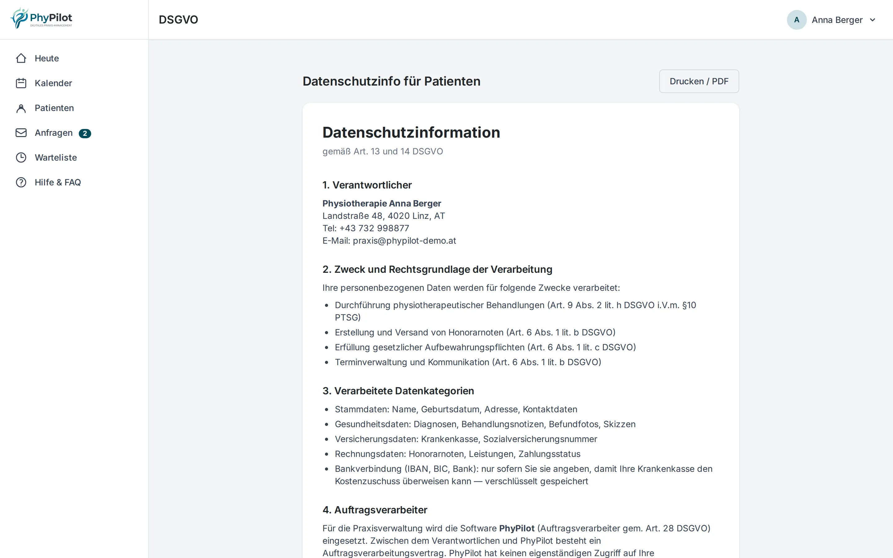 DSGVO-Bereich in PhyPilot
