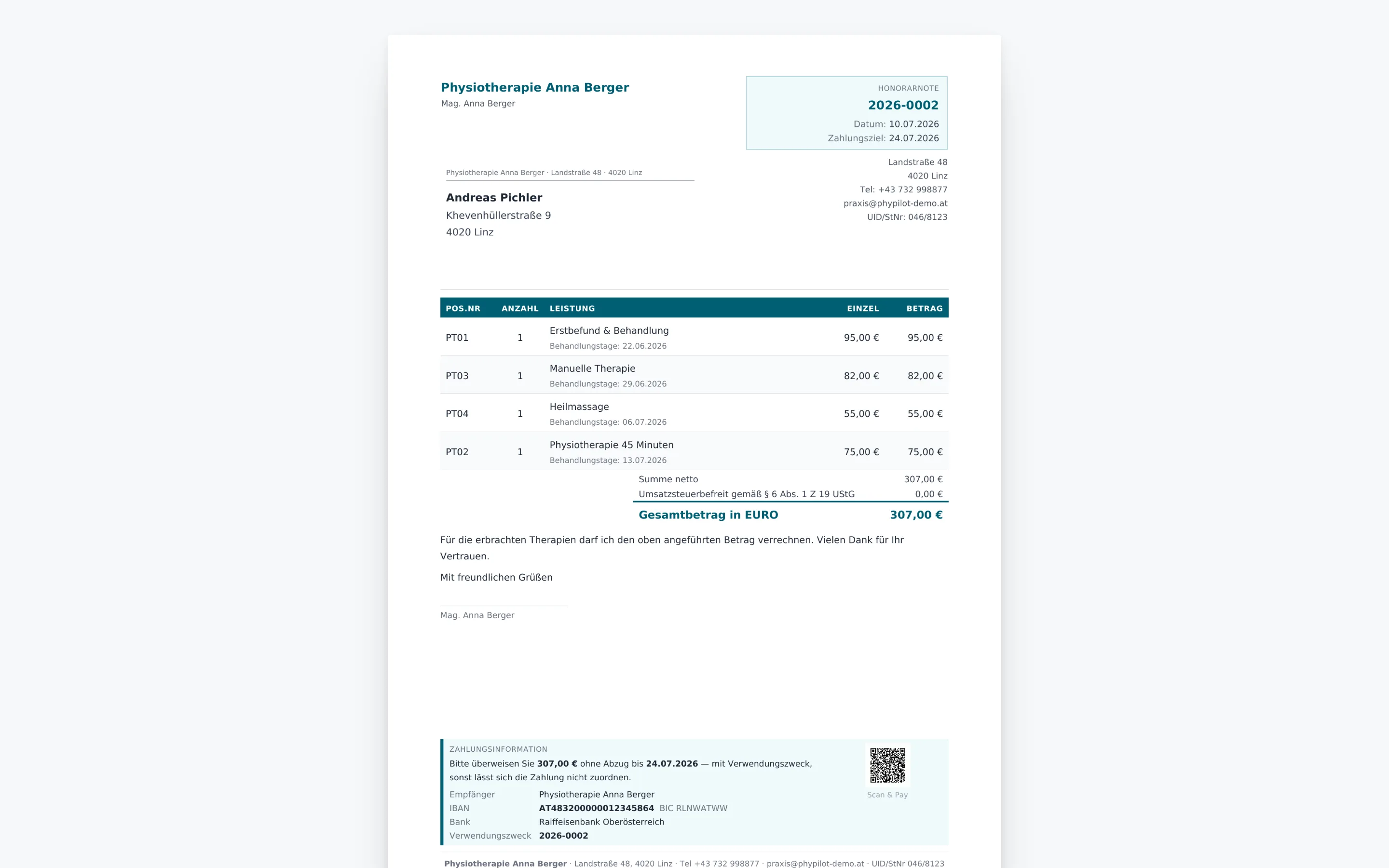 Honorarnote als PDF mit EPC-QR in PhyPilot