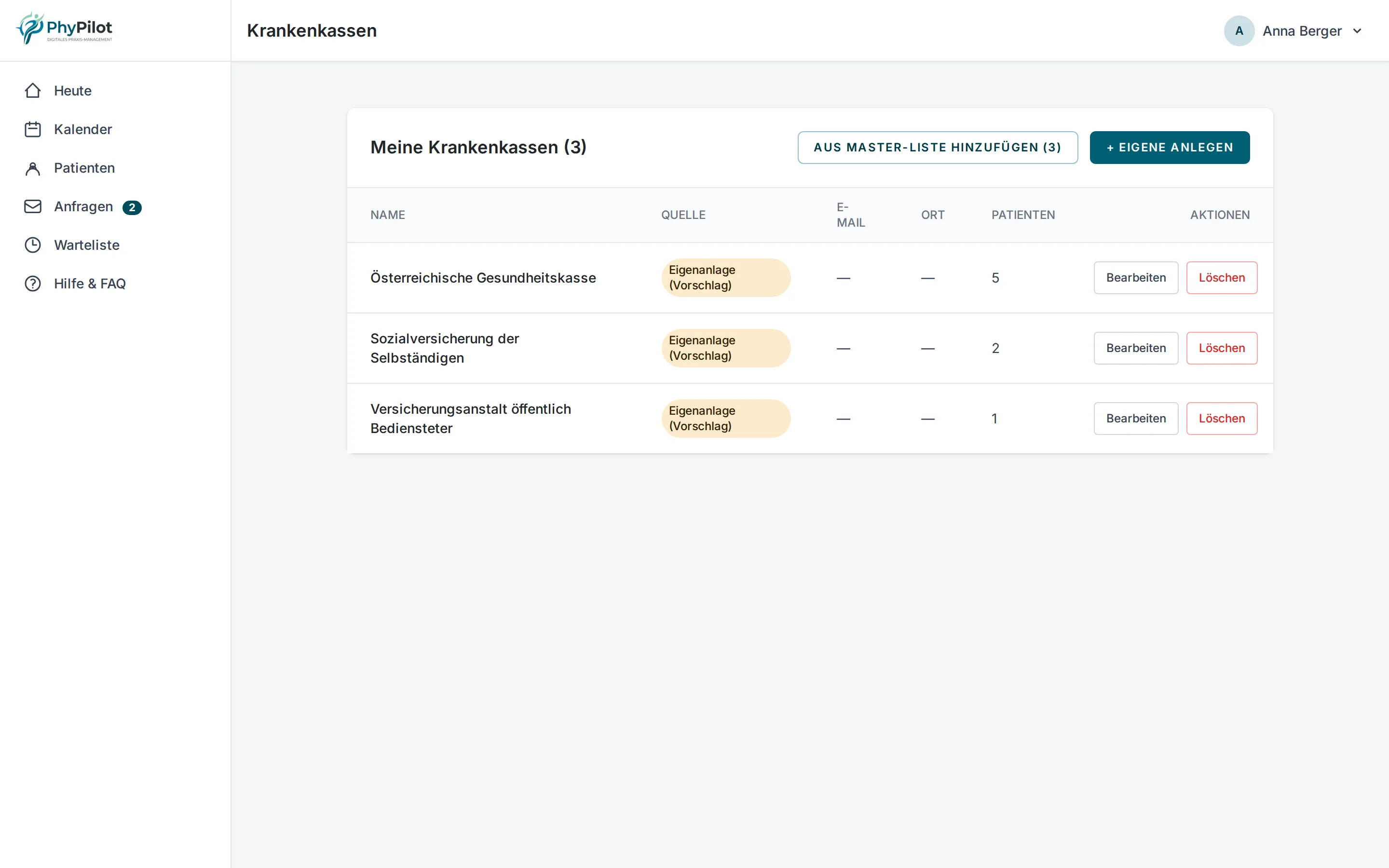 Kassenkatalog in PhyPilot