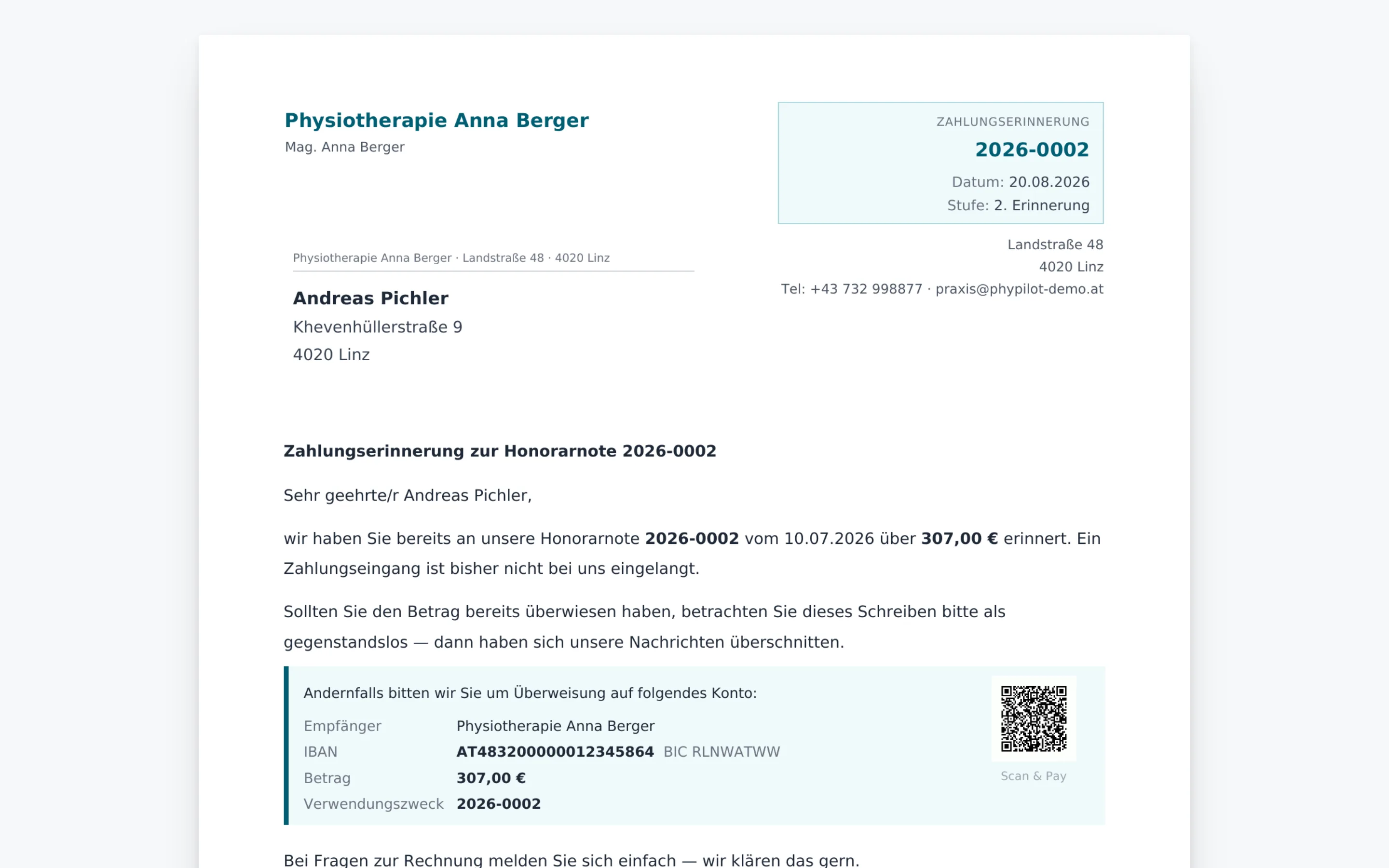 Mahnung als Brief-PDF in PhyPilot