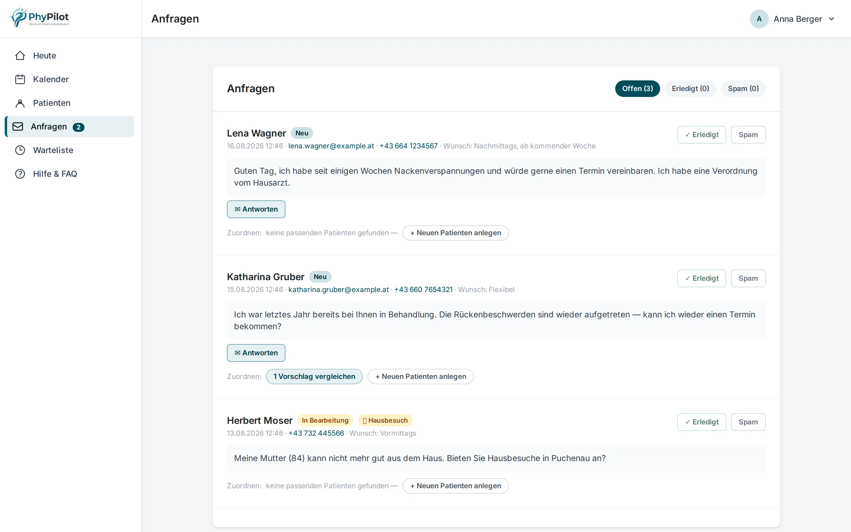 Anfragen-Postfach mit Patienten-Match in PhyPilot