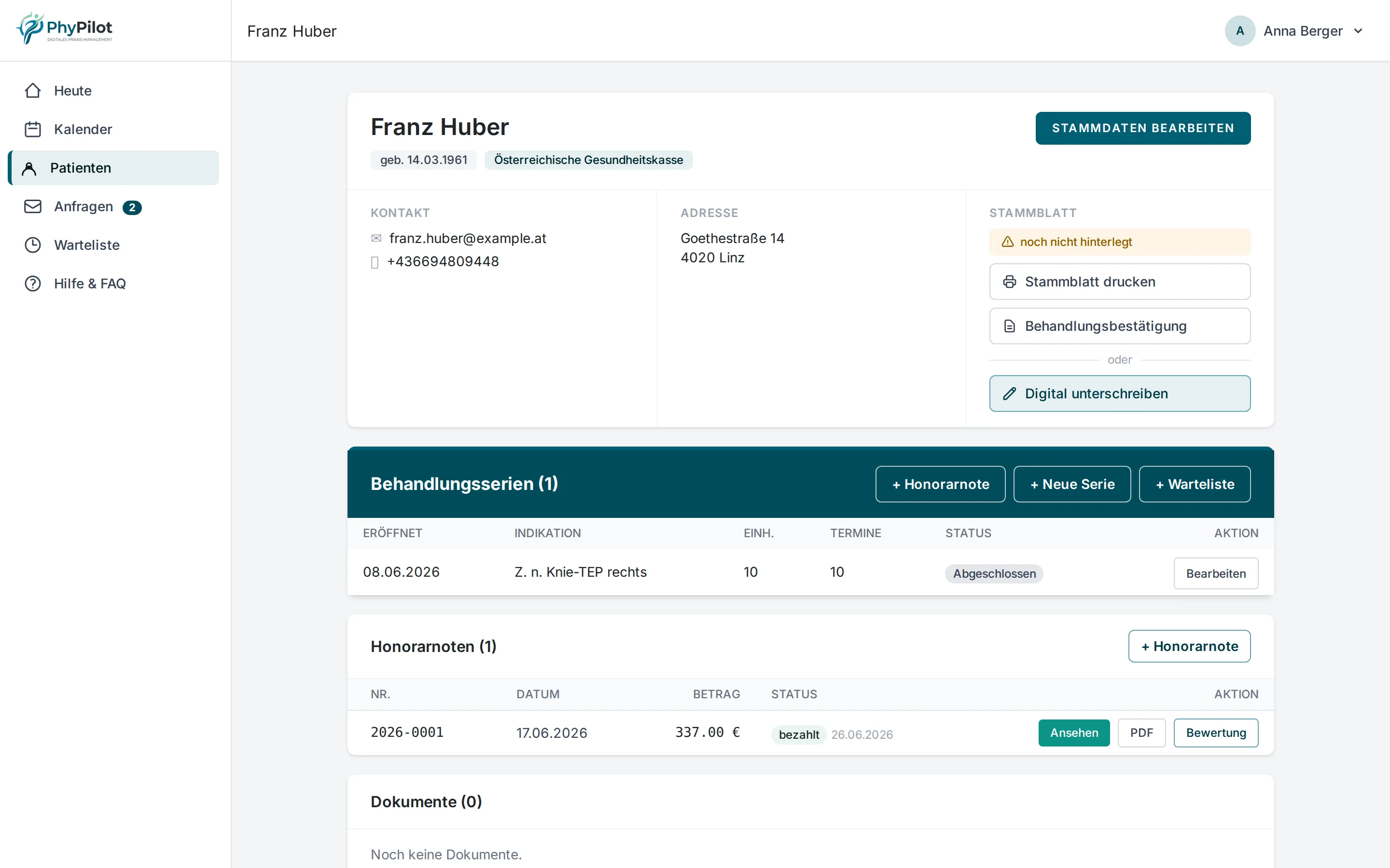 Patientenakte mit Behandlungsverlauf in PhyPilot