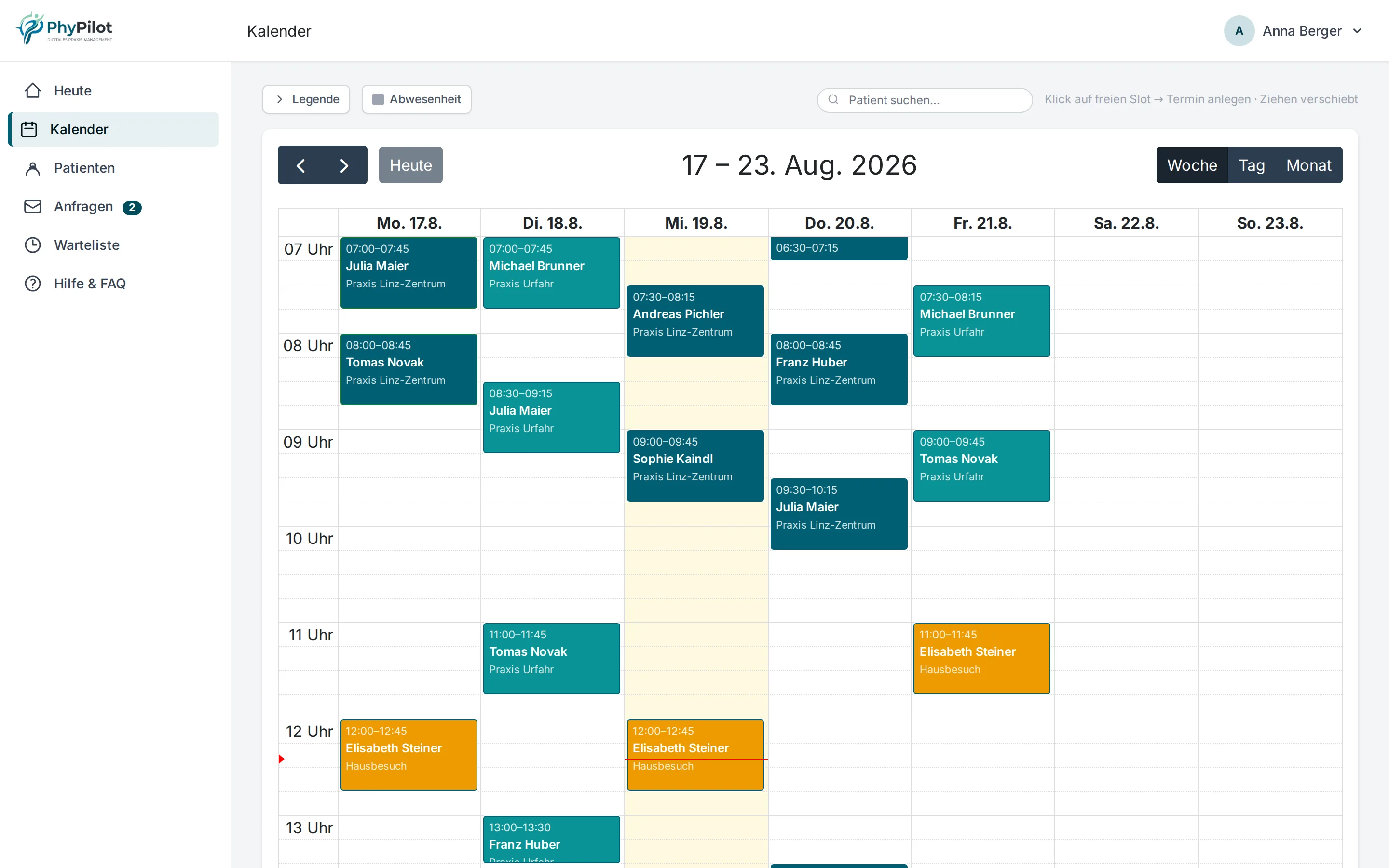 Kalender-Wochenansicht in PhyPilot