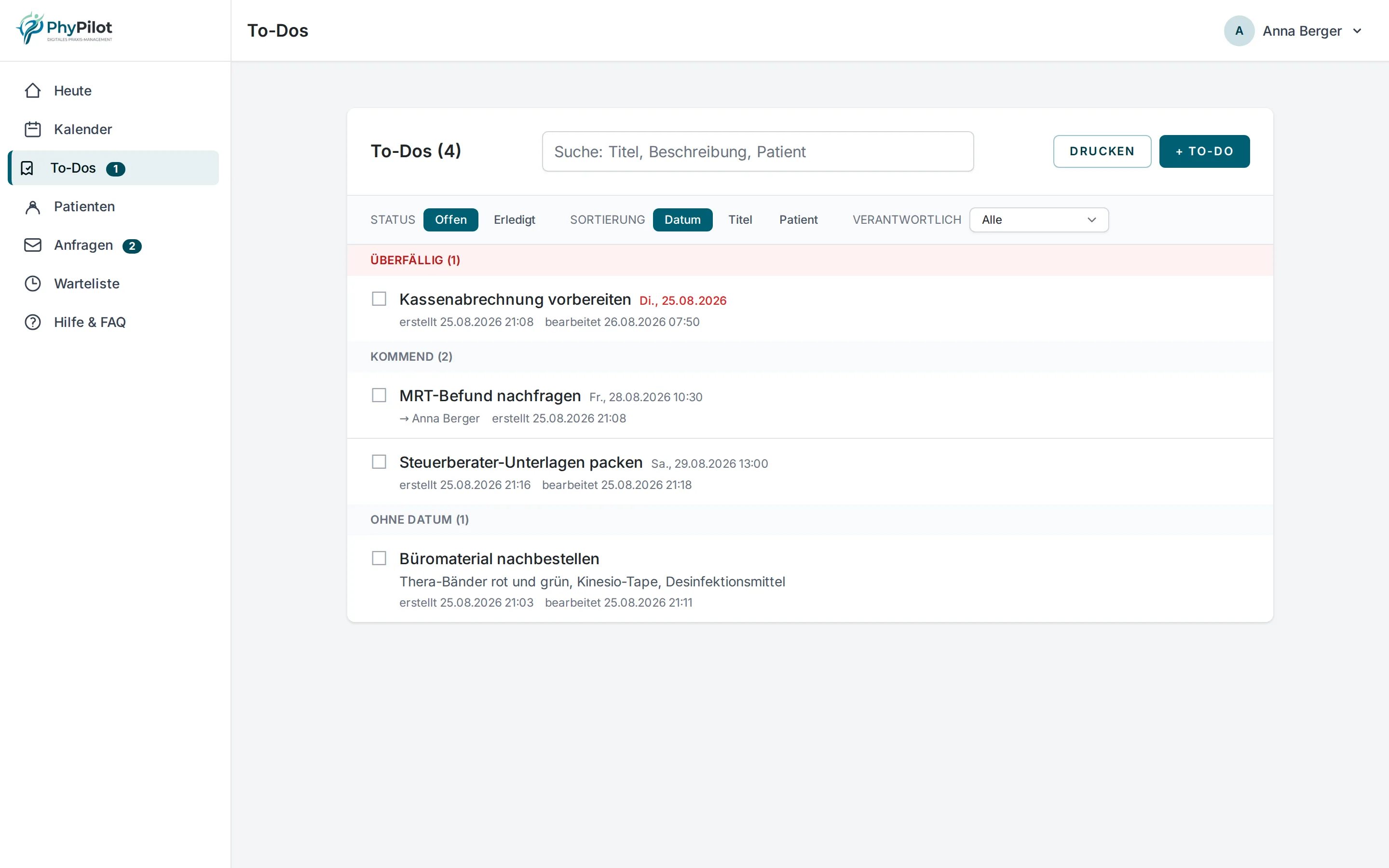 To-Do-Liste in PhyPilot: Aufgaben gruppiert nach überfällig, kommend und ohne Datum