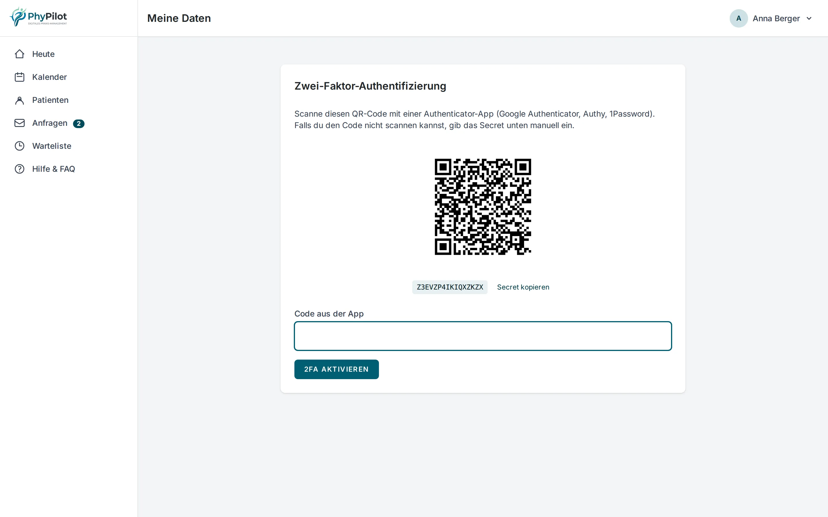 2FA-Einrichtung in PhyPilot